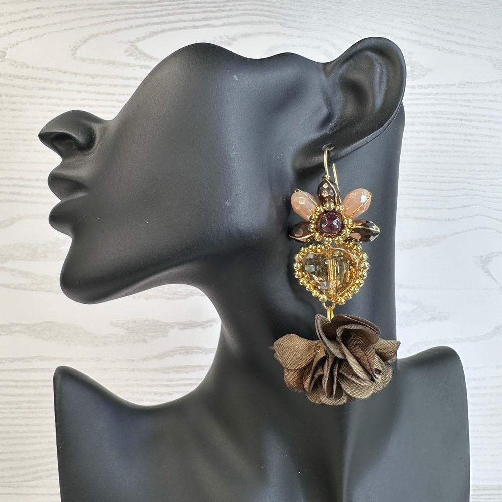 Handmade‎ NEW Elegant Gold and Brown pink Floral Drop Earrings 14k gold plattd